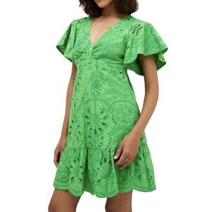 Marie Oliver Dress Womens 10 Green Ruffle Flutter Sleeve Embroidered Eyelet